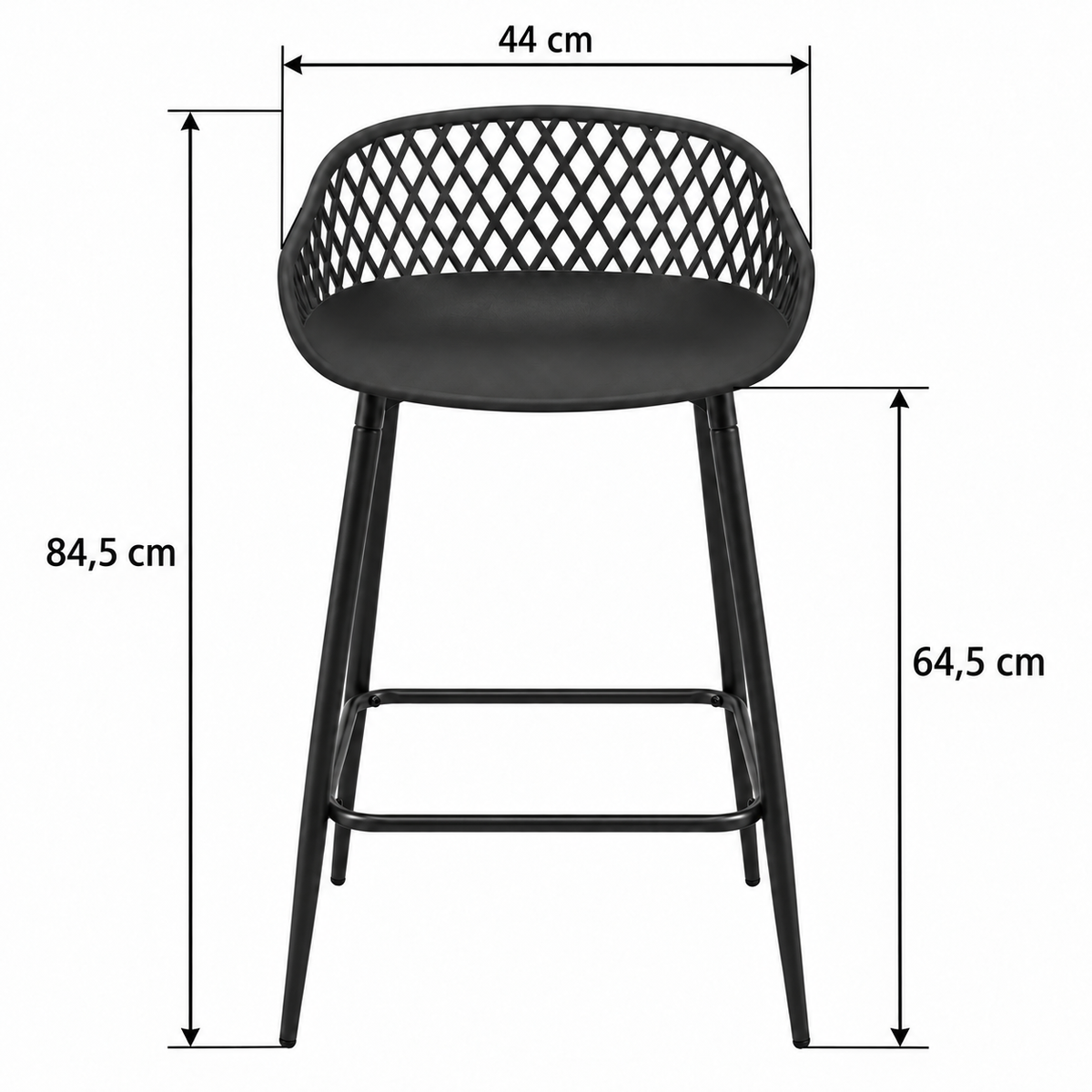 Tabouret avec flèches de dimensions : hauteur totale 84,5 cm, hauteur d’assise 64,5 cm et largeur 44 cm