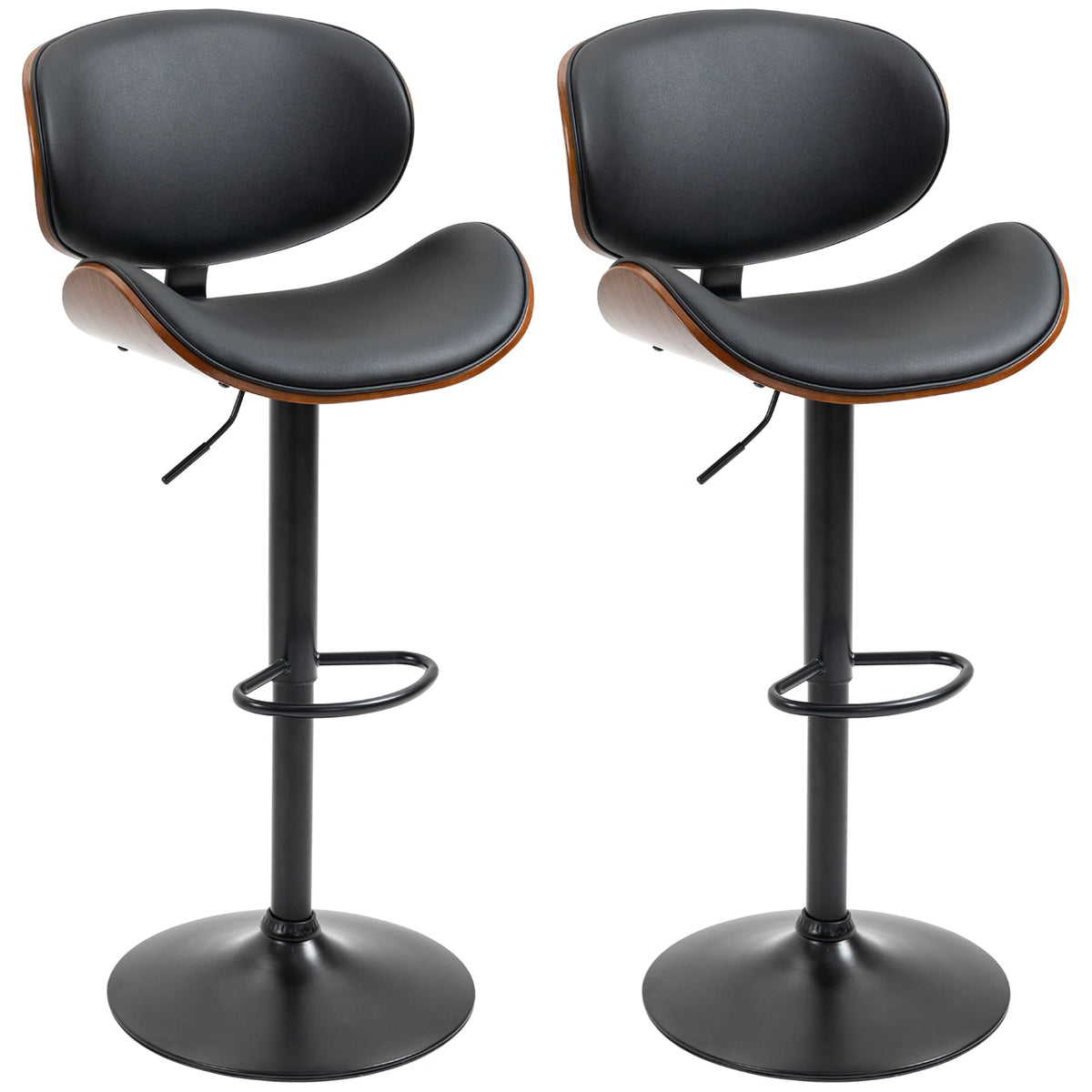 Lot de deux tabourets de bar noirs à dossier arrondi, coque à bordure bois et pied central noir sur fond blanc.