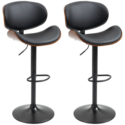 Lot de deux tabourets de bar noirs à dossier arrondi, coque à bordure bois et pied central noir sur fond blanc.