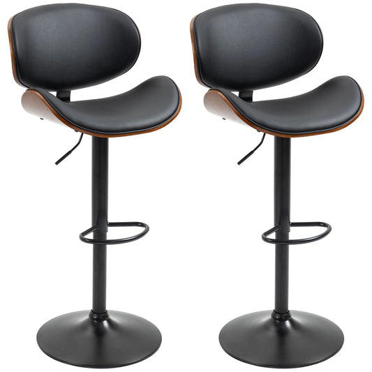 Lot de deux tabourets de bar noirs à dossier arrondi, coque à bordure bois et pied central noir sur fond blanc.