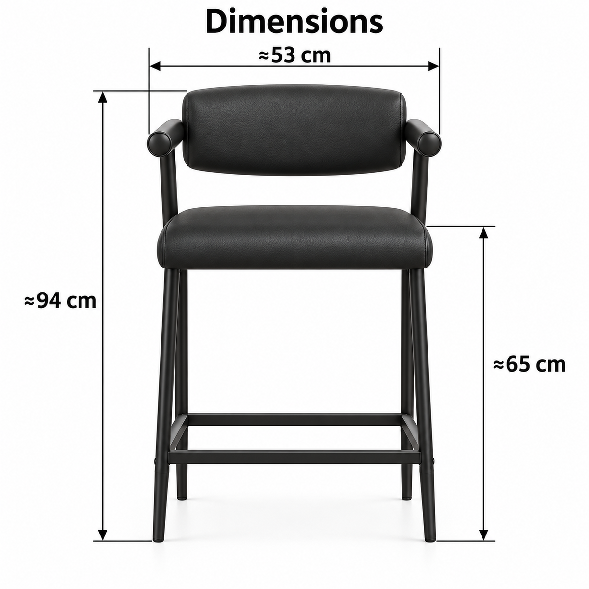 Dimensions avec flèches : environ 53 cm de largeur extérieure, 94 cm de hauteur totale et 65 cm de hauteur d’assise.
