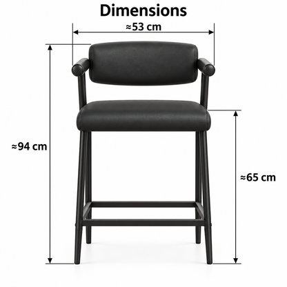 Dimensions avec flèches : environ 53 cm de largeur extérieure, 94 cm de hauteur totale et 65 cm de hauteur d’assise.