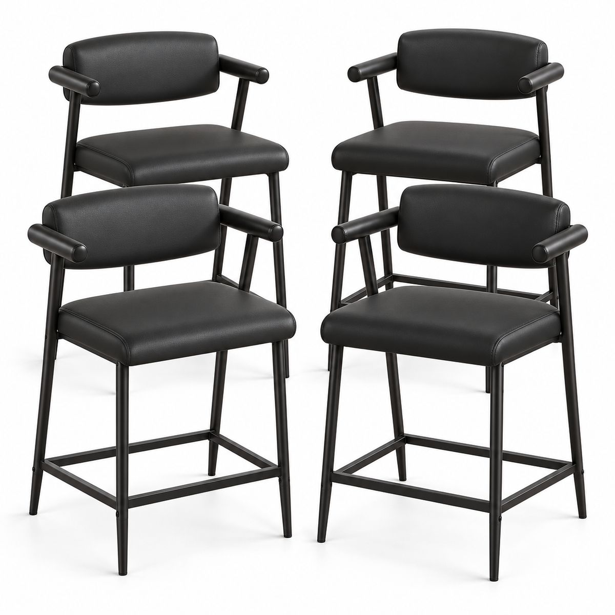 Lot de quatre tabourets noirs à dossier bas et accoudoirs sur fond blanc.