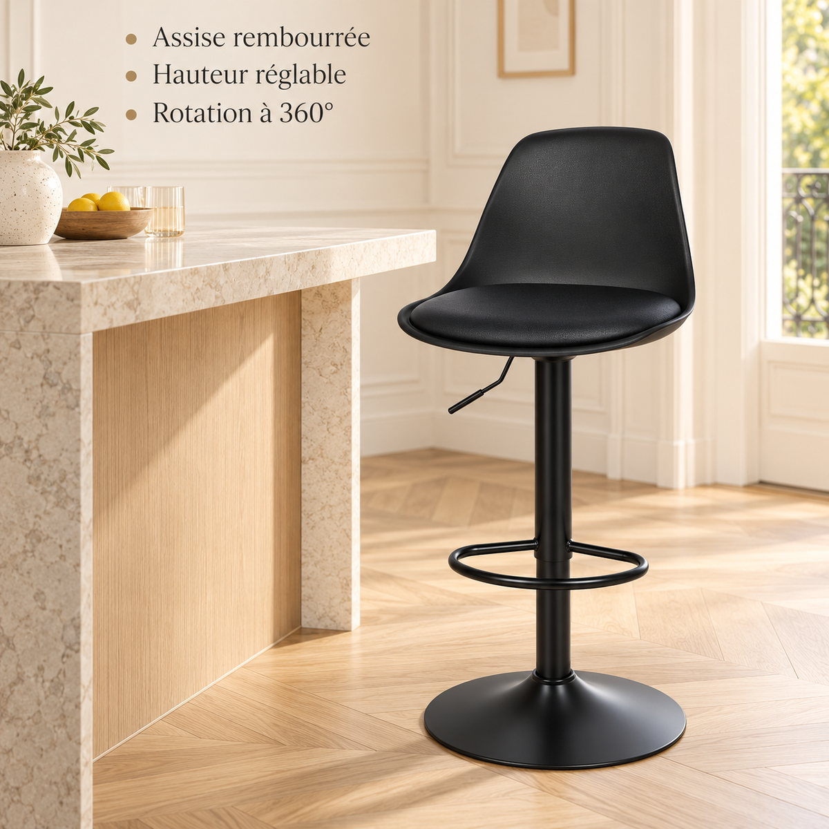 Tabouret noir : assise rembourrée, hauteur réglable et rotation à 360 degrés
