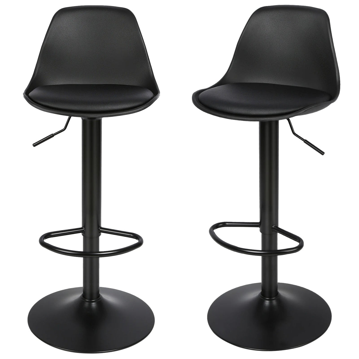 Lot de deux tabourets de bar noirs avec dossier et repose-pieds sur fond blanc