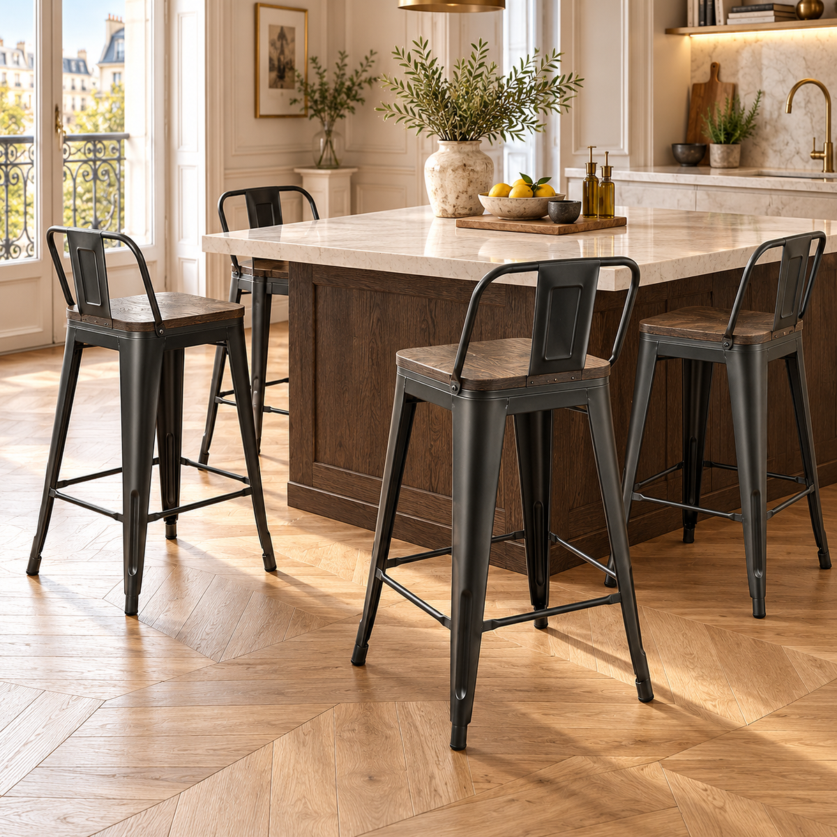 Quatre tabourets de bar industriels noirs à assise effet bois autour d’un îlot en pierre et bois, dans une cuisine lumineuse.