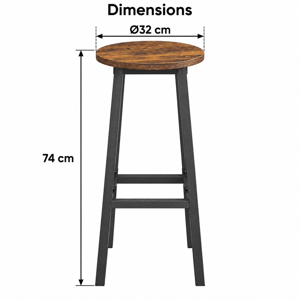 Dimensions avec flèches sur le tabouret : hauteur 74 cm et diamètre d’assise 32 cm.