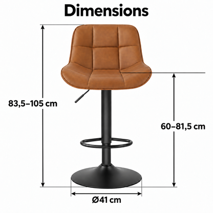 Dimensions avec flèches : hauteur totale 83,5 à 105 cm, hauteur d’assise 60 à 81,5 cm et diamètre de base 41 cm.