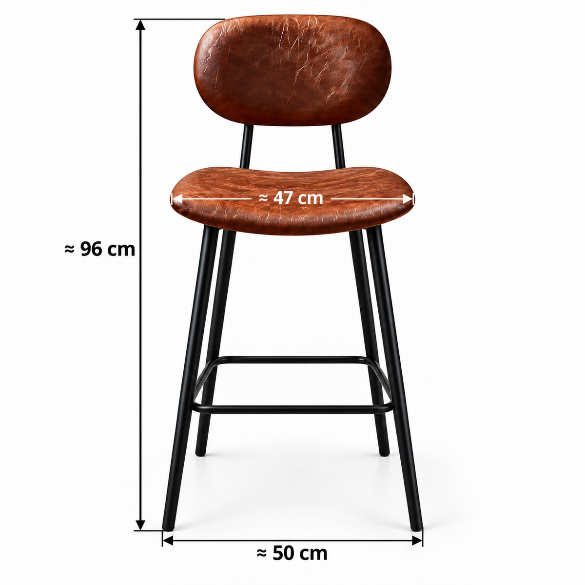 Tabouret marron à dossier ovale avec flèches : hauteur totale environ 96 cm, largeur d’assise environ 47 cm et largeur au sol environ 50 cm.