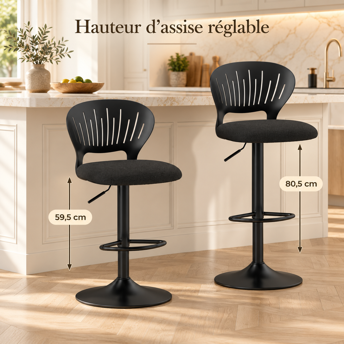 Deux tabourets de bar noirs montrant les hauteurs d'assise réglables de 59,5 à 80,5 cm, avec repose-pieds et pied central en métal