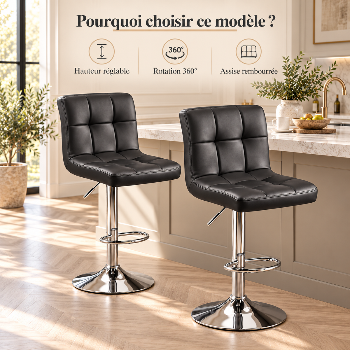 Lot de 2 tabourets de bar noirs avec hauteur réglable, rotation à 360° et assise rembourrée dans une cuisine élégante