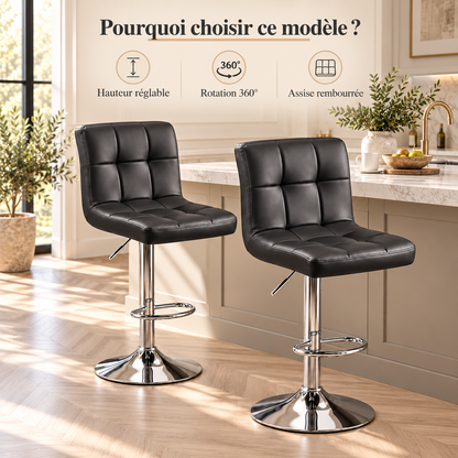 Lot de 2 tabourets de bar noirs avec hauteur réglable, rotation à 360° et assise rembourrée dans une cuisine élégante