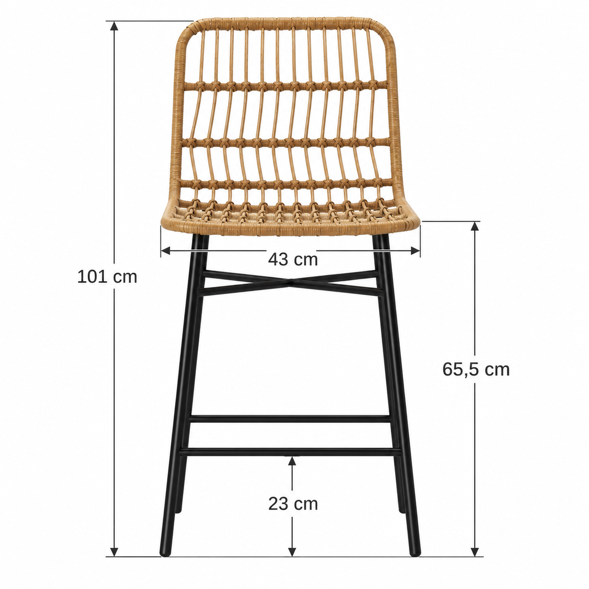 Tabouret tressé naturel avec flèches : hauteur totale 101 cm, hauteur d’assise 65,5 cm, largeur 43 cm et repose-pieds à 23 cm du sol.