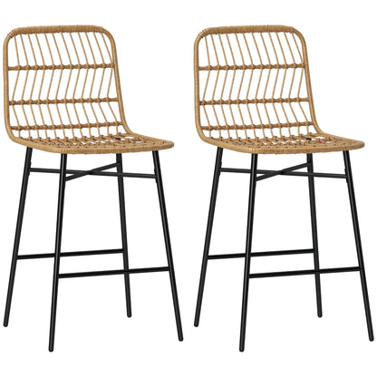 Lot de deux tabourets de bar à tressage naturel ajouré et quatre pieds noirs sur fond blanc.