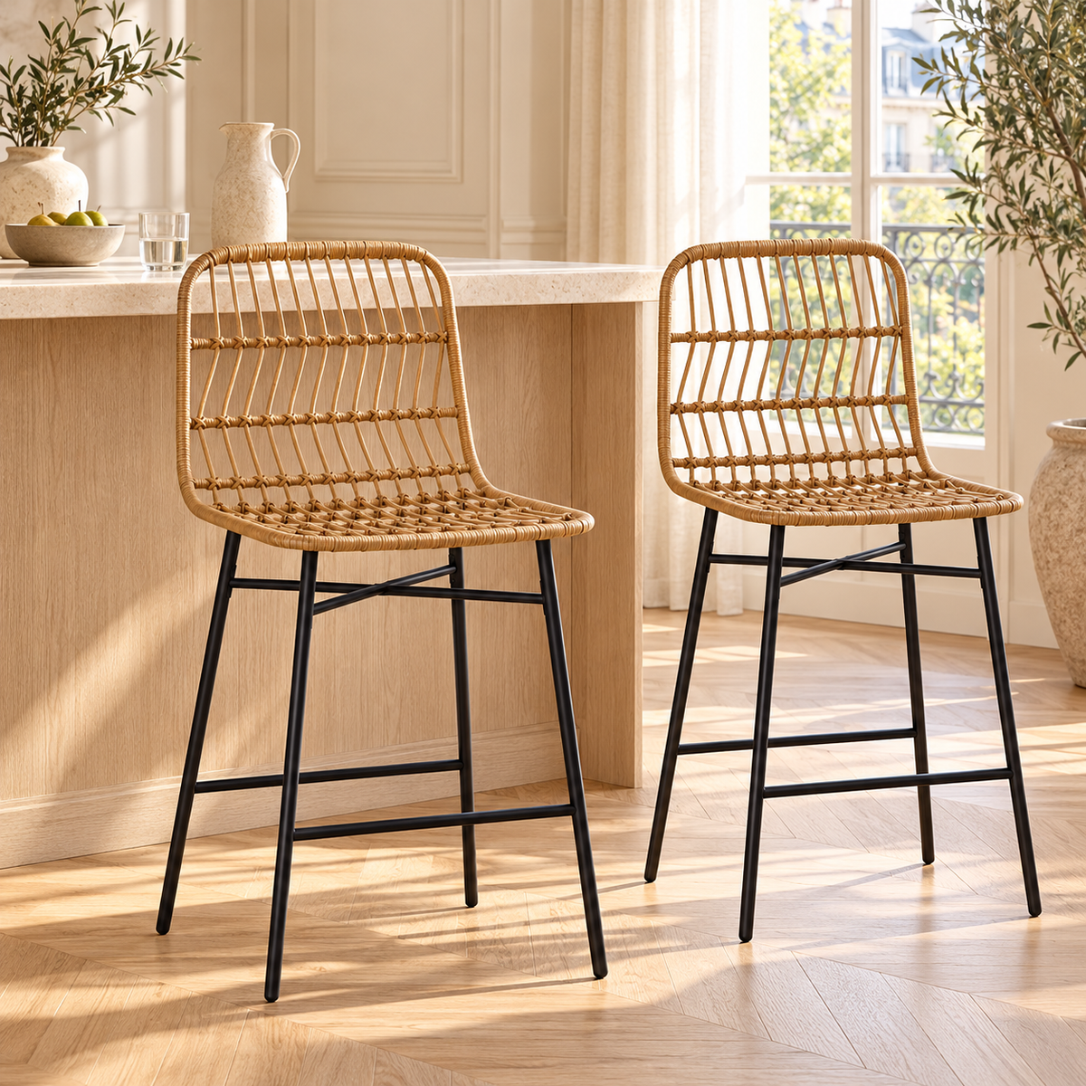 Deux tabourets tressés naturels devant un comptoir en bois clair dans un intérieur lumineux à moulures et parquet en chevrons.