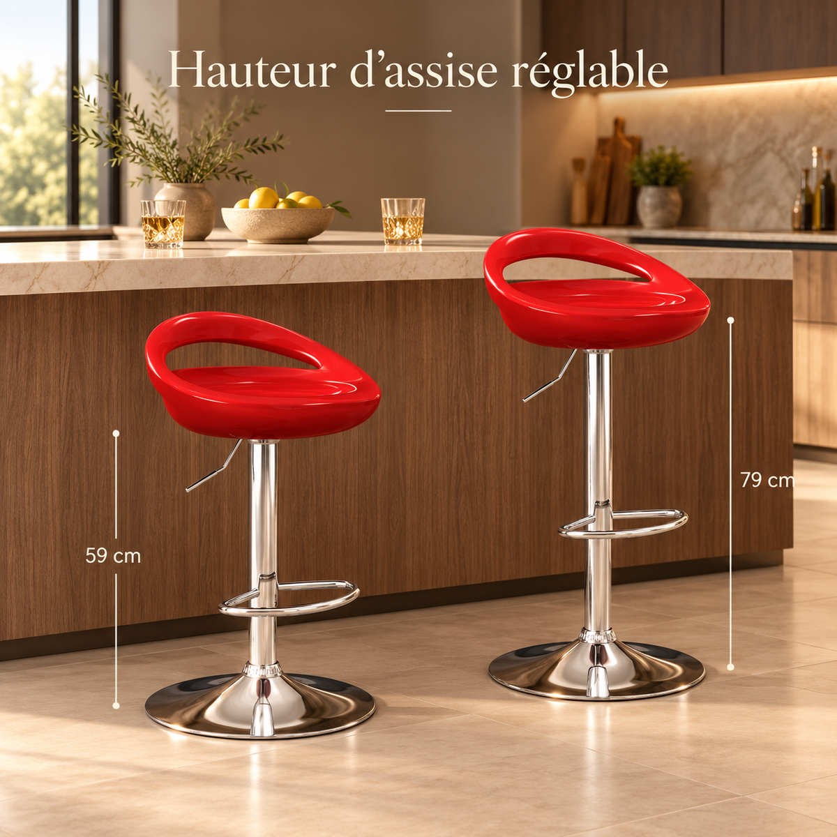 Deux tabourets de bar rouges à hauteur réglable de 59 à 79 cm, avec repose-pieds chromé, présentés dans une cuisine contemporaine
