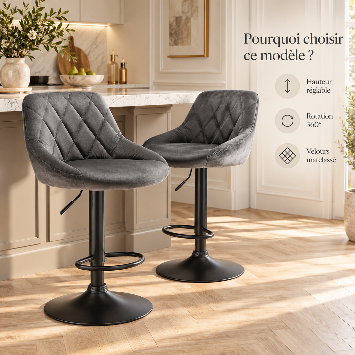 Tabourets de bar en velours gris avec hauteur réglable, rotation 360° et velours matelassé