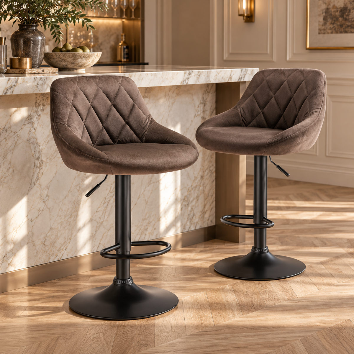 Lot de 2 tabourets de bar en velours taupe dans une cuisine élégante et lumineuse