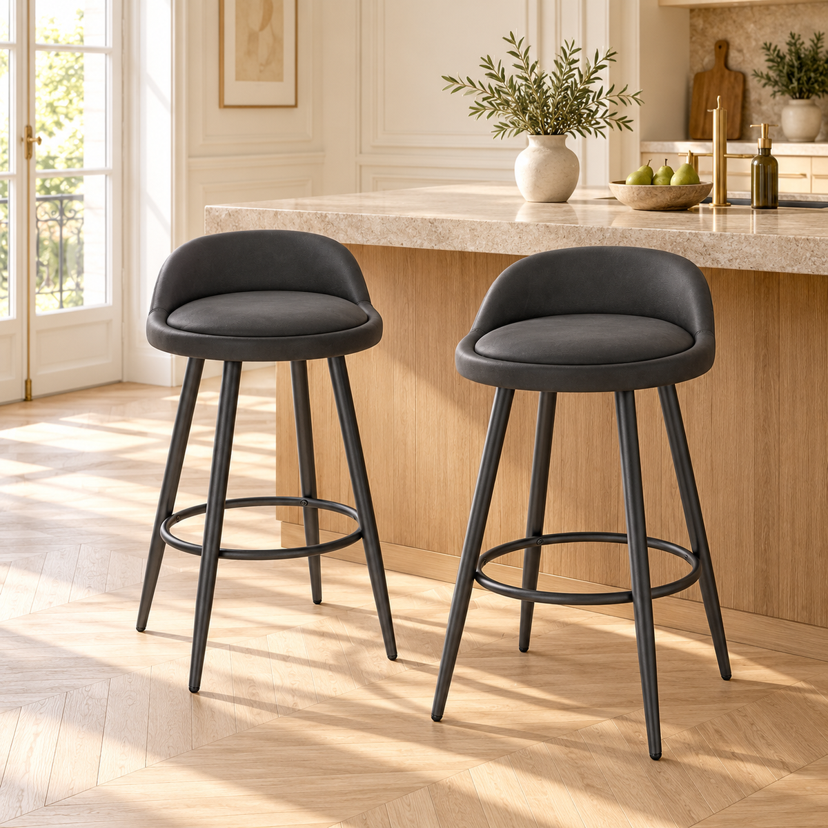 Lot de deux tabourets anthracite en similicuir à dossier bas en situation