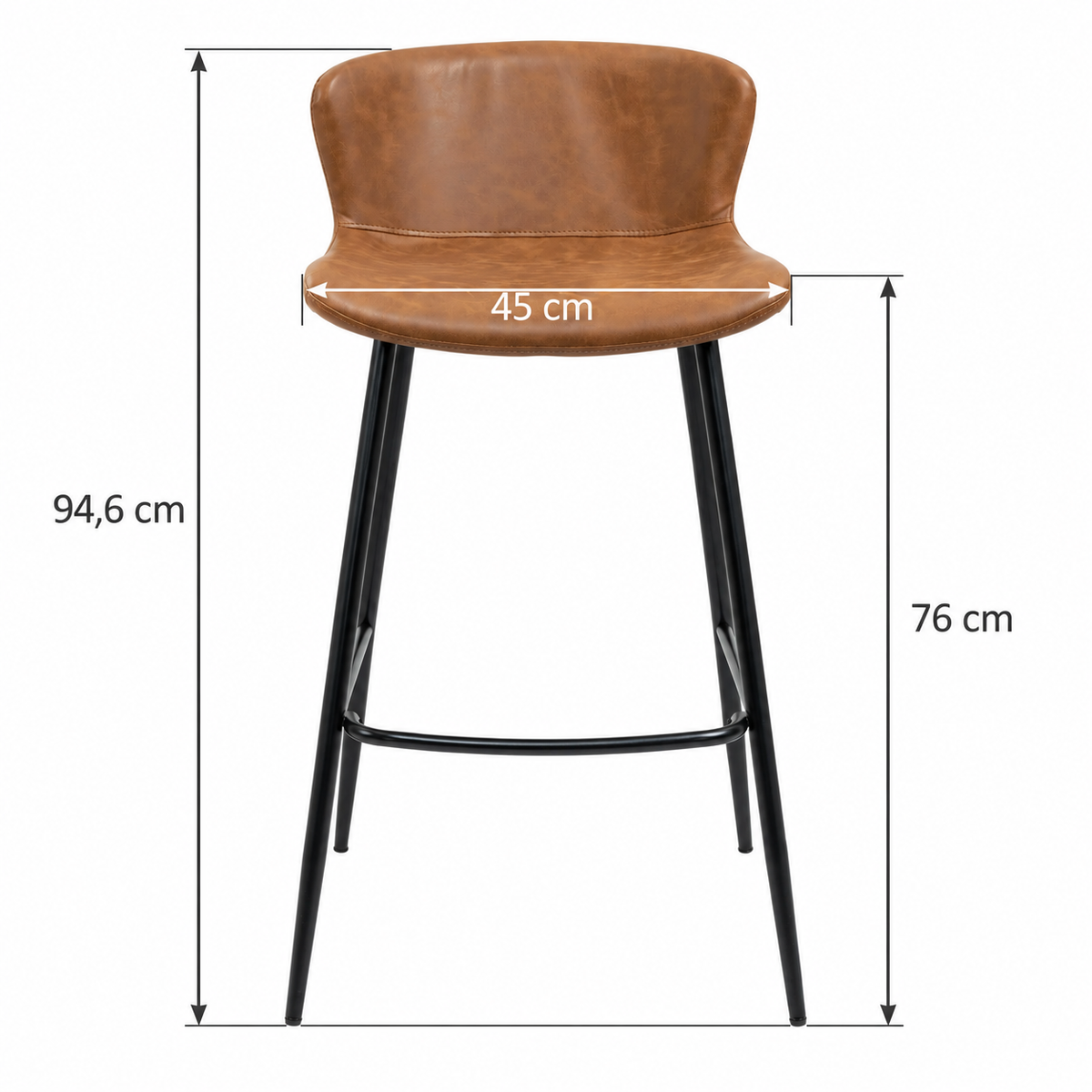 Tabouret chocolat avec flèches : hauteur totale 94,6 cm, hauteur d’assise 76 cm et largeur d’assise 45 cm.