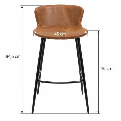 Tabouret chocolat avec flèches : hauteur totale 94,6 cm, hauteur d’assise 76 cm et largeur d’assise 45 cm.