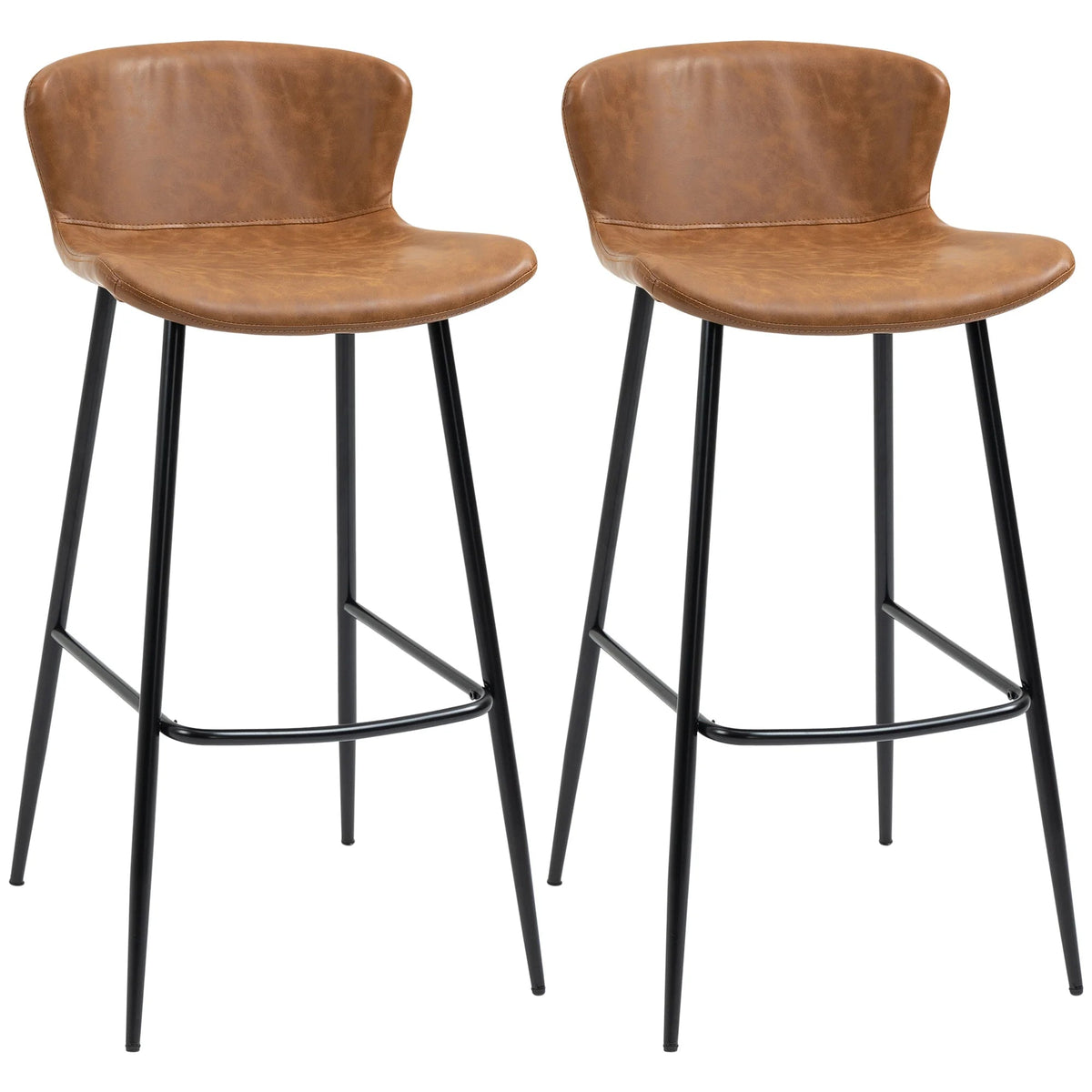 Lot de deux tabourets hauts chocolat à dossier incurvé et pieds noirs sur fond blanc.
