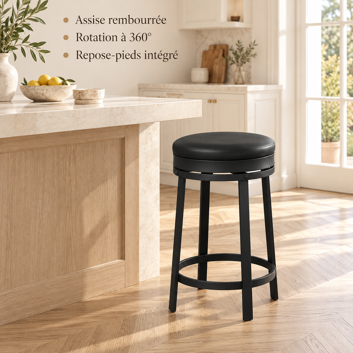 Tabouret noir : assise rembourrée, rotation à 360 degrés et repose-pieds intégré