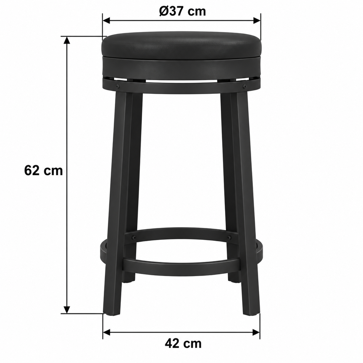 Flèches de dimensions : hauteur 62 cm, diamètre d’assise 37 cm et largeur au sol 42 cm