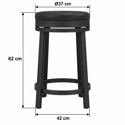 Flèches de dimensions : hauteur 62 cm, diamètre d’assise 37 cm et largeur au sol 42 cm