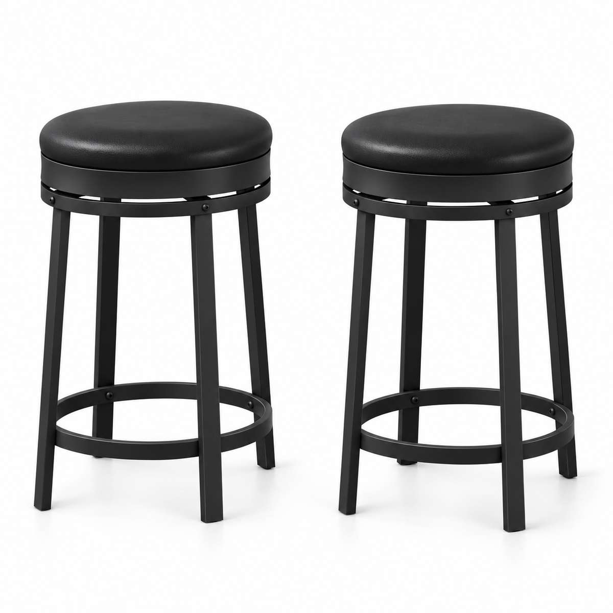 Deux tabourets noirs à quatre pieds et assise ronde rembourrée sur fond blanc