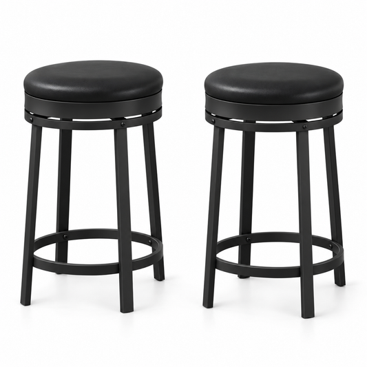 Deux tabourets noirs à quatre pieds et assise ronde rembourrée sur fond blanc