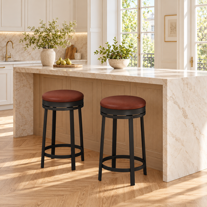 Lot de deux tabourets marron à assise ronde et pieds noirs en situation