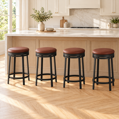Lot de quatre tabourets marron à assise ronde et pieds noirs en situation