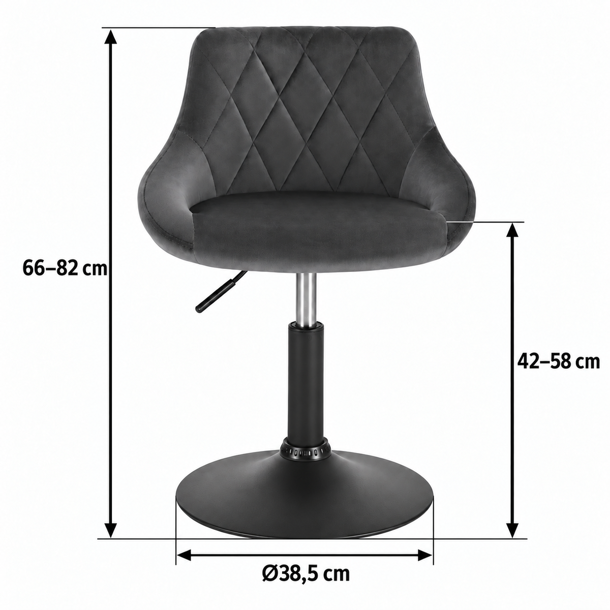 Dimensions des chaises : hauteur totale de 66 à 82 cm, hauteur d’assise de 42 à 58 cm et base de 38,5 cm de diamètre
