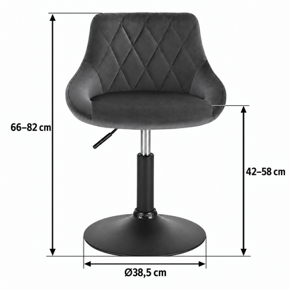 Dimensions des chaises : hauteur totale de 66 à 82 cm, hauteur d’assise de 42 à 58 cm et base de 38,5 cm de diamètre